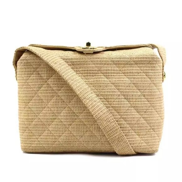 Auth CHANEL Shoulder Bag Beige Raffia/Goldtone authentic - Picture 1 of 13